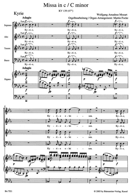 Mozart: Missa in C Minor, K. 139 (arr. for soloists, choir and organ)