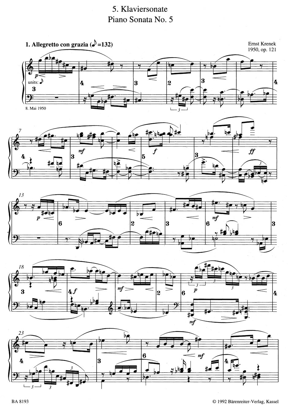 Krenek: Piano Sonata No. 5, Op. 121