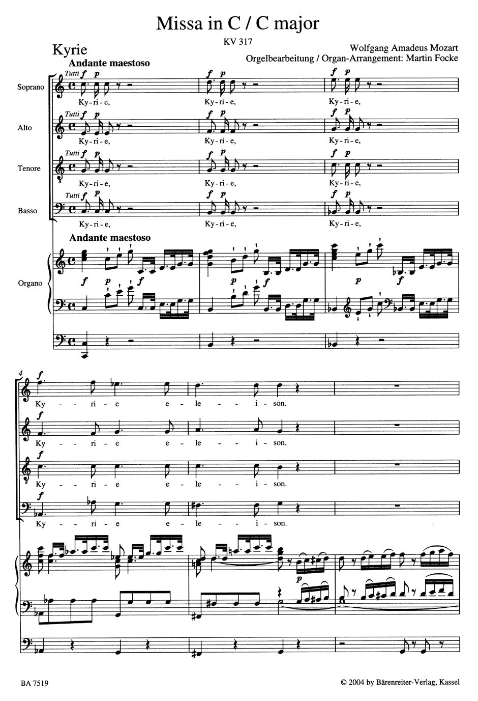 Mozart: Missa in C Major, K. 317 (arr. for soloists, choir and organ)