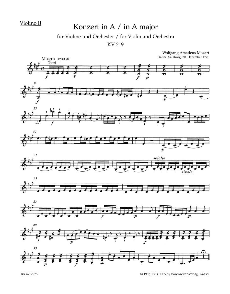 Mozart: Violin Concerto No. 5 in A Major, K. 219 – Barenreiter US