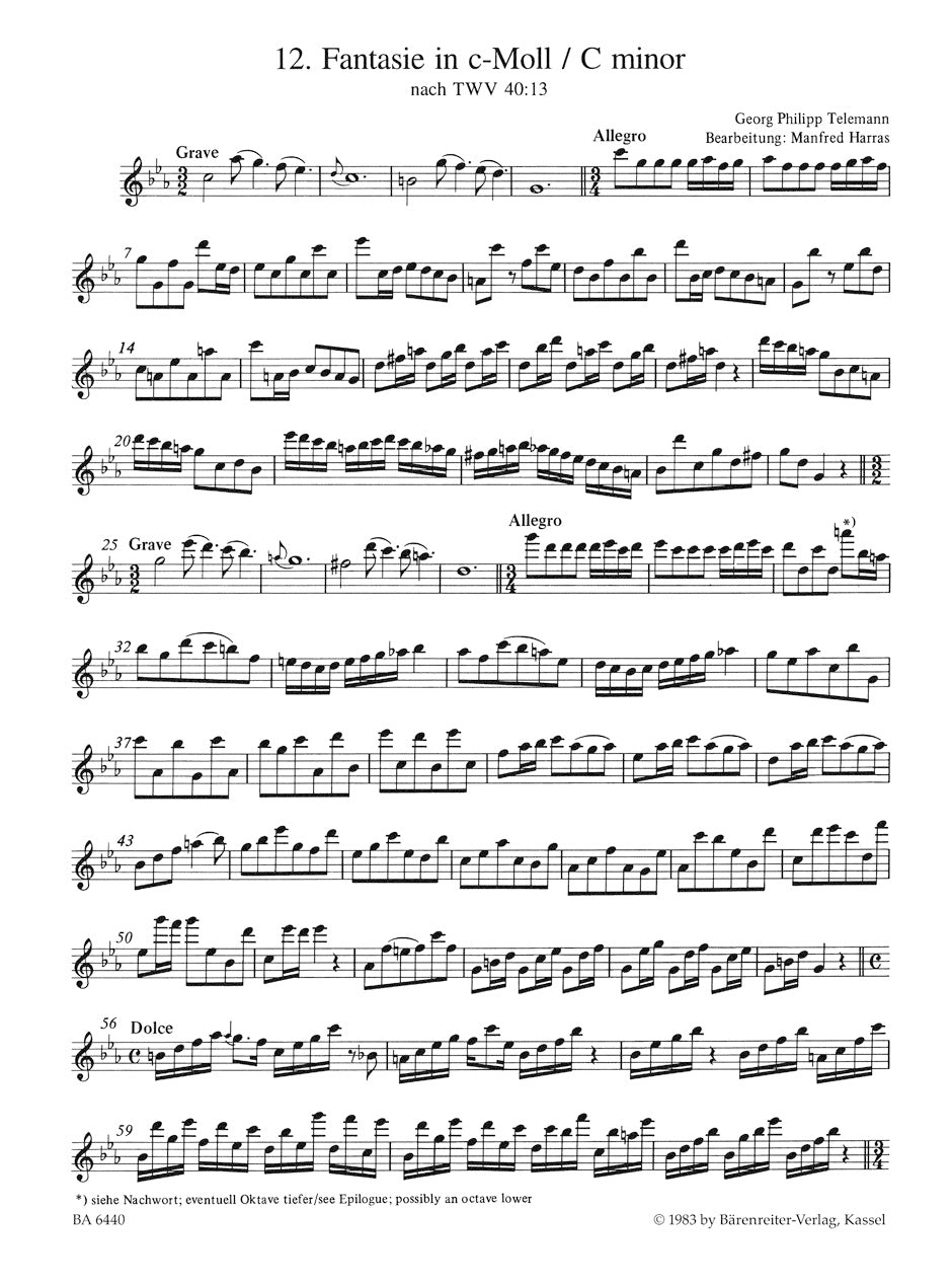 Telemann: 12 Fantasias, TWV 40:2-13 (arr. for treble recorder)